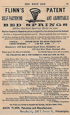 JOHN FLYNN PATENT BED SPRINGS PHILADELPHIA PA ANTIQUE FURNITURE ADVERTISING 1800 - K-townConsignments
