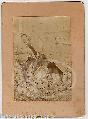 FRENCH WWI SOLDIERS IN UNIFORM POSING ON RUBBLE ANTIQUE MILITARY PHOTO ON BOARD - K-townConsignments