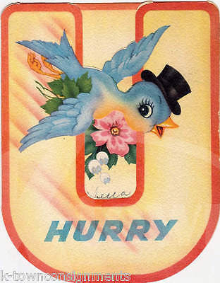 Blue Bird Hurry UP Cut-out Letters Vintage Graphic Art Get Well Greetings Card - K-townConsignments