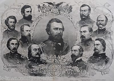 ULYSSES GRANT MEADE BURNSIDE CIVIL WAR ARMY OF POTOMAC ANTIQUE ENGRAVING PRINT - K-townConsignments