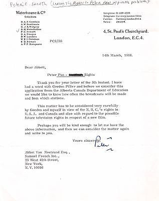 PETER SNEATH WATERHOUSE & CO LONDON AUTOGRAPH SIGNED PETER PAN RIGHTS LETTER - K-townConsignments