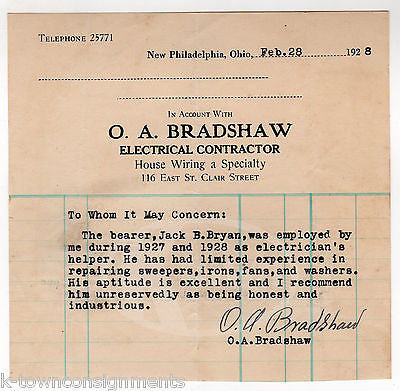 O. A. BRADSHAW NEW PHILADELPHIA OHIO ELECTRICIAN ANTIQUE AUTOGRAPH SIGNED LETTER - K-townConsignments