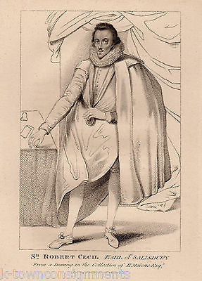 SIR ROBERT CECIL EARL OF SALISBURY ANTIQUE PORTRAIT ENGRAVING PRINT BIO 1806 - K-townConsignments