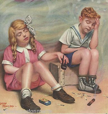 LITTLE BOY & GIRL SMOKING SICK VINTAGE LESLIE THRASHER GRAPHIC COVER PRINT - K-townConsignments