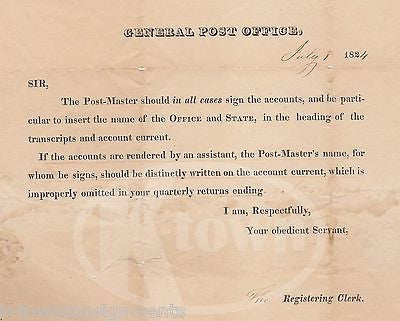 MAINE POST OFFICE POSTMASTER ANTIQUE INTERNAL REGISTERING CLERK DOCUMENT 1824 - K-townConsignments