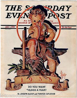 NEW YEAR'S BABY FORGES AHEAD VINTAGE LEYENDECKER GRAPHIC ART MAGAZINE COVER 1938 - K-townConsignments