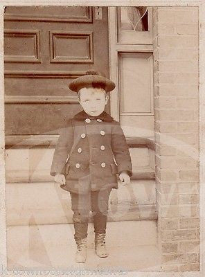CUTE LITTLE BOY IN HAT & PEACOAT WITH OLD LEATHER SHOES ANTIQUE PHOTO ON BOARD - K-townConsignments