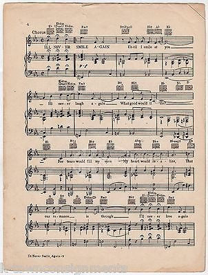 FRANK SINATRA I'LL NEVER SMILE AGAIN SONG PIED PIERS VINTAGE SHEET MUSIC 1939 - K-townConsignments