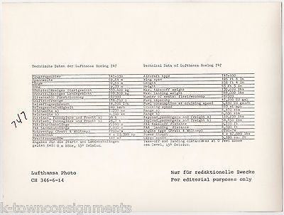 LUFTHANSA AIRLINES BOEING 747  SPECIFICATIONS VINTAGE AVIATION ADVERTISING PHOTO - K-townConsignments