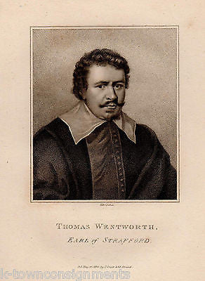 THOMAS WENTWORTH EARL OF STRAFFORD ANTIQUE PORTRAIT ENGRAVING PRINT BIO 1806 - K-townConsignments