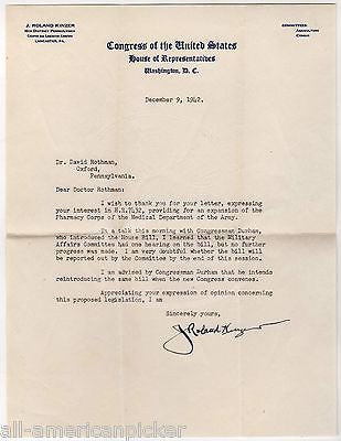 J. ROLAND KINZER LANCASTER PA CONGRESSMAN VINTAGE AUTOGRAPH SIGNED LETTER 1942 - K-townConsignments