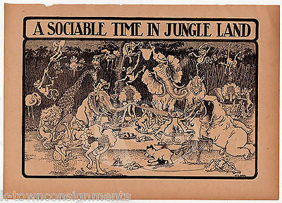 A SOCIABLE TIME IN THE JUNGLE LAND ANTIQUE WILDLIFE CARTOON ILLUSTRATION PRINT - K-townConsignments