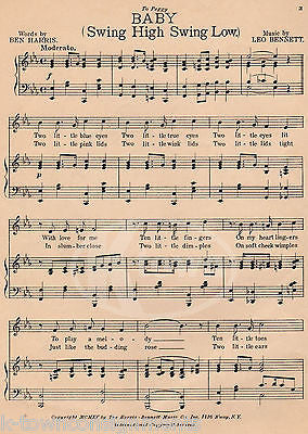 SWING HIGH BABY SWING LOW NURSERY SONG ANTIQUE GRAPHIC ART SHEET MUSIC 1914 - K-townConsignments