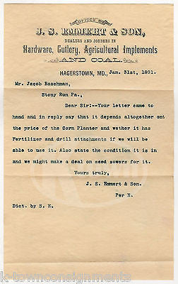 JS EMMERT HARDWARD FARM TOOLS COAL SALES HAGERSTOWN ANTIQUE ADVERTISING LETTER - K-townConsignments