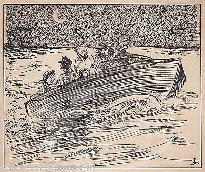 IMMIGRANTS BOAT TRIP TO MIAMI ORIGINAL NEWSPAPER CARTOON INK SKETCH DRAWING - K-townConsignments