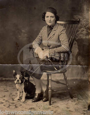 Great Boston Terrier Dog & Fashionable Owner Seated Large Antique Snapshot Photo - K-townConsignments