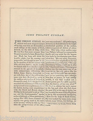 JOHN PHILPOT CURRAN IRISH ORATOR ANTIQUE PORTRAIT ENGRAVING PRINT BIO - K-townConsignments