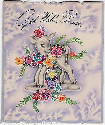 Flowered Bedazzled Fawn Deer Vintage Graphic Art Get Well Greetings Card - K-townConsignments