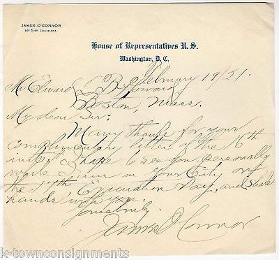 JAMES O'CONNER LOUISIANA CONGRESSMEN ANTIQUE AUTOGRAPH SIGNED STATIONERY LETTER - K-townConsignments
