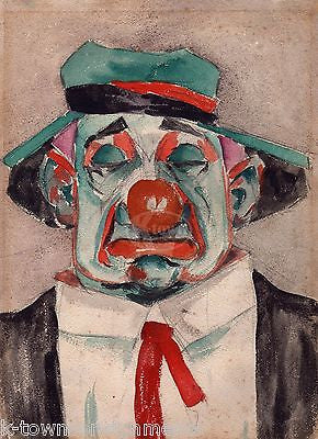 SAD CIRCUS CLOWN LOOKING TIRED & MOPEY VINTAGE WATERCOLOR CLOWN PAINTING - K-townConsignments
