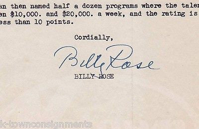 BILLY ROSE VINTAGE AUTOGRAPH SIGNED ZIEGFELD THEATRE STATIONERY RATINGS LETTER - K-townConsignments