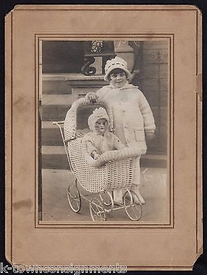 CUTE LITTLE BOB-CUT GIRL VICTORIAN ANTIQUE DOLL & WICKER CARRIAGE ANTIQUE PHOTO - K-townConsignments