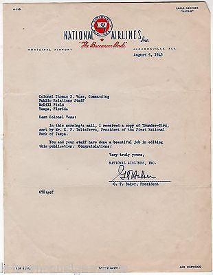 G. T. BAKER NATIONAL AIRLINES PRESIDENT VINTAGE AUTOGRAPH SIGNED STATIONERY NOTE - K-townConsignments