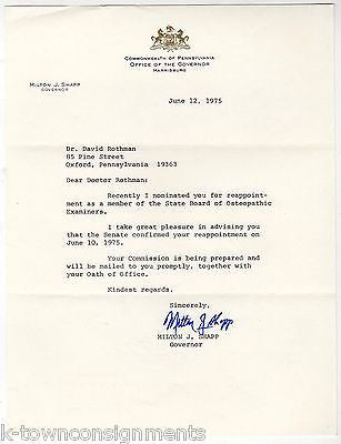MILTON SHAPP PENNSYLVANIA GOVERNOR AUTOGRAPH SIGNED LETTERHEAD TO DR ROTHMAN - K-townConsignments