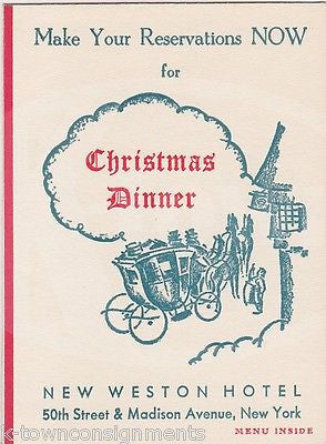 NEW WESTON HOTEL MADISON AVE NEW YORK VINTAGE DINNER MENU RESERVATION CARD 1940 - K-townConsignments