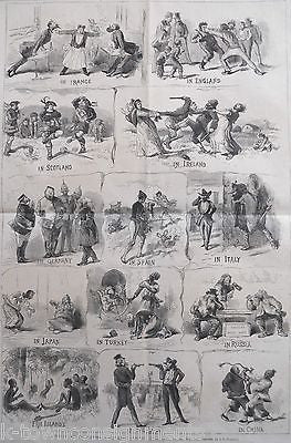 DUELING ARGUING THROUGHOUT THE WORLD HUMOROUS ANTIQUE ENGRAVING PRINT POSTER - K-townConsignments