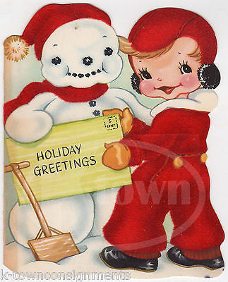 Christmas Snowman & Little Boy Vintage Red Velvet Graphic Art Greeatings Card - K-townConsignments