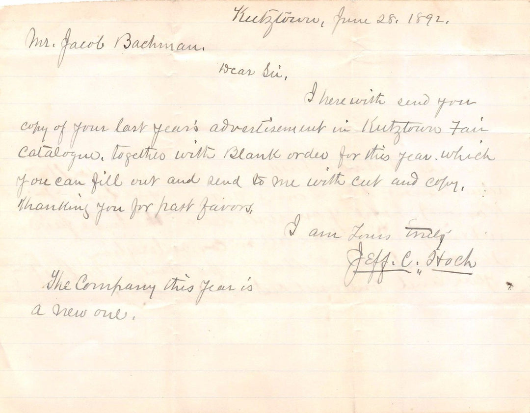 JEFF HOCH KUTZTOWN PA ANTIQUE AUTOGRAPH SIGNED LETTER TO STONY RUN PA 1892 - K-townConsignments