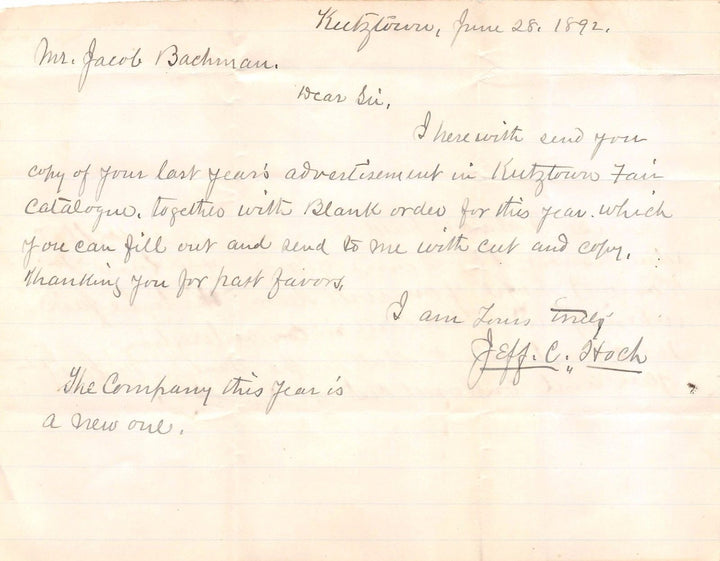 JEFF HOCH KUTZTOWN PA ANTIQUE AUTOGRAPH SIGNED LETTER TO STONY RUN PA 1892 - K-townConsignments