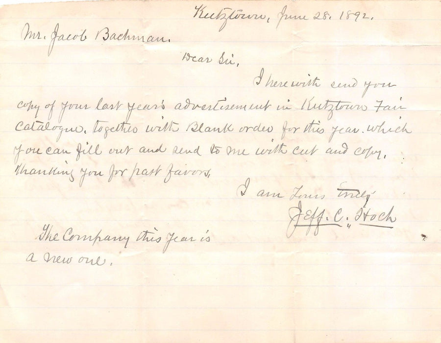 JEFF HOCH KUTZTOWN PA ANTIQUE AUTOGRAPH SIGNED LETTER TO STONY RUN PA 1892 - K-townConsignments