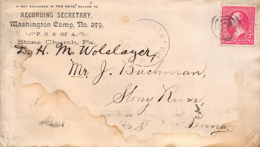 PATRIOTIC ORDER SONS OF AMERICA WASHINGTON CAMP STONE CHURCH PA MAIL COVER 1898 - K-townConsignments