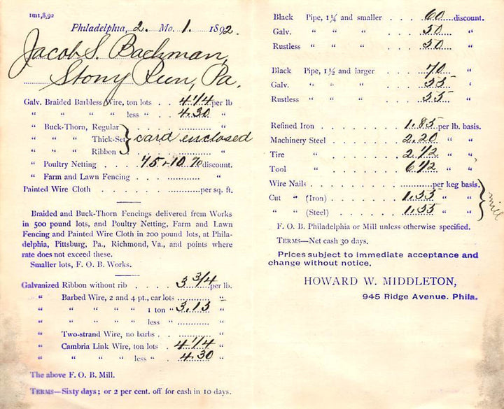 HOWARD MIDDLETON PHILADELPHIA PA ANTIQUE FARM TOOLS GRAPHIC ADVERTISING MAIL - K-townConsignments