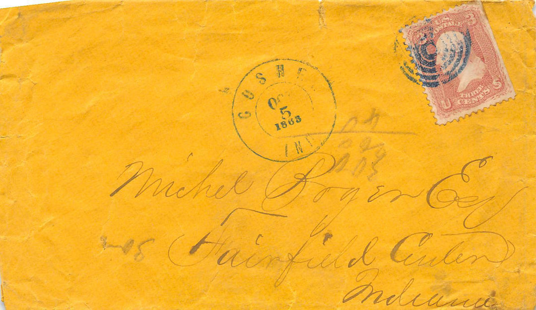 GOSHEN TO FAIRFIELD INDIANA ANTIQUE CANCEL STAMPED POSTAL MAIL COVER 1860s - K-townConsignments