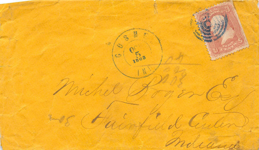 GOSHEN TO FAIRFIELD INDIANA ANTIQUE CANCEL STAMPED POSTAL MAIL COVER 1860s - K-townConsignments