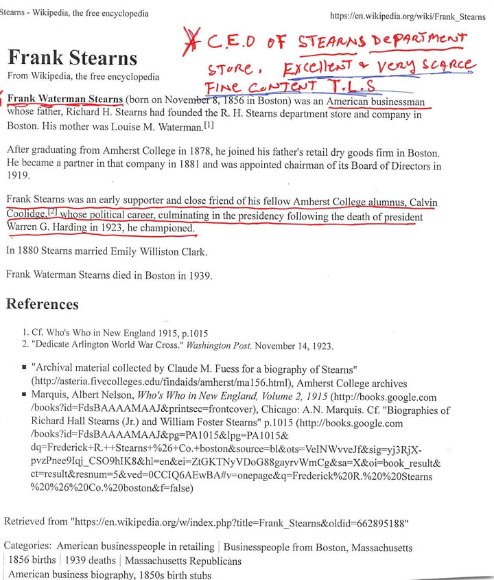 FRANK STEARNS DEPARTMENT STORE FOUNDER ORIGINAL AUTOGRAPH SIGNED LETTERHEAD 1934 - K-townConsignments