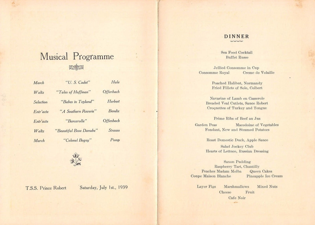 TSS PRINCE ROBERT ALASKA STEAMSHIP ANTIQUE MUSICAL PROGRAM DINNER MENU 1939 - K-townConsignments