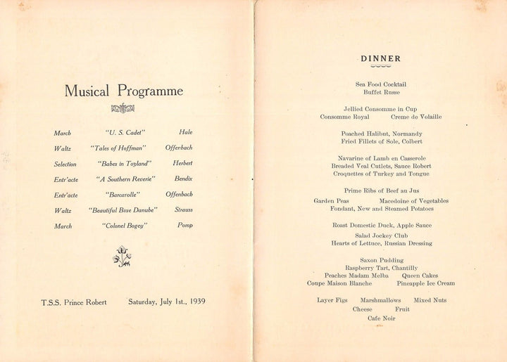 TSS PRINCE ROBERT ALASKA STEAMSHIP ANTIQUE MUSICAL PROGRAM DINNER MENU 1939 - K-townConsignments