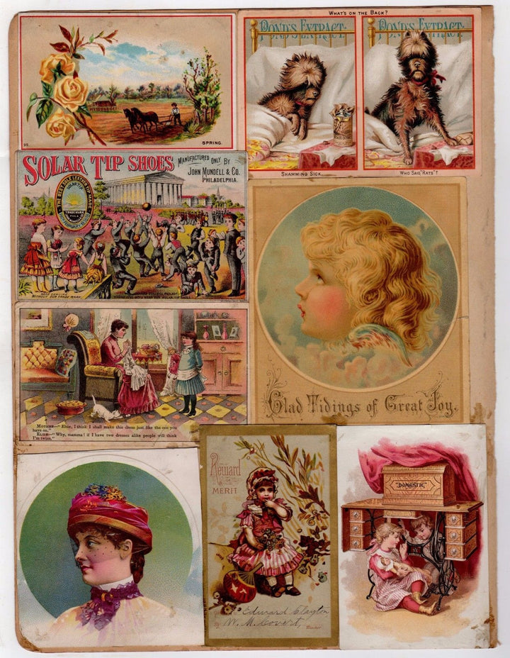 SLEEPY DOG & CUTE KIDS PLAYING ANTIQUE GRAPHIC ADVERTISING TRADE CARDS LOT - K-townConsignments