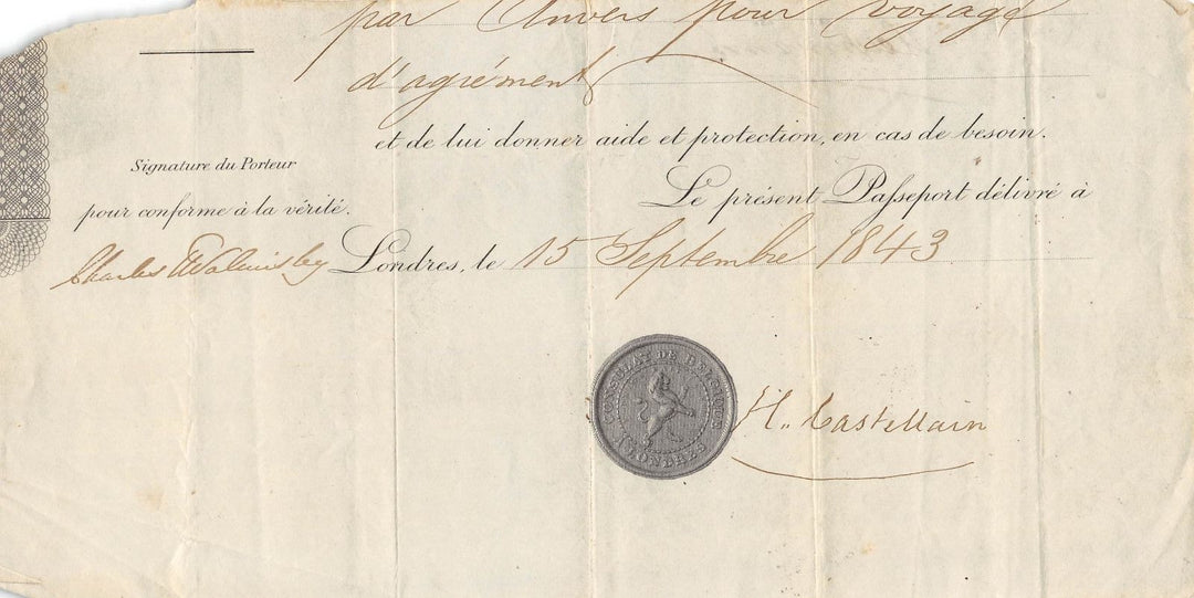 H. CASTELAIN BELGIAN DIPLOMAT ANTIQUE AUTOGRAPH SIGNED POLITICAL DOCUMENT 1843 - K-townConsignments