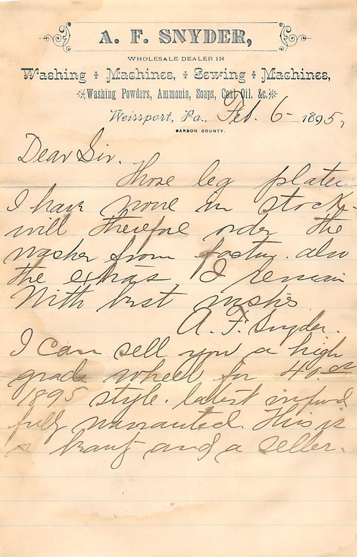 SNYDER WASHING MACHINES SEWING MACHINES ANTIQUE GRAPHIC ADVERTISING LETTER MAIL - K-townConsignments