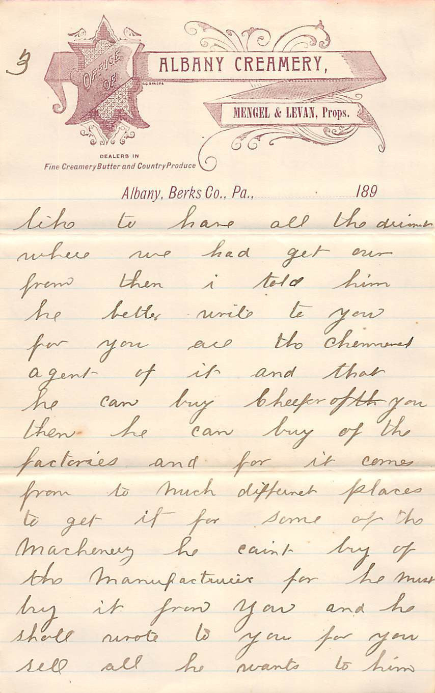 MENGEL CREAMERY ALBANY HAMBURG PA DAIRY FARMING ANTIQUE ADVERTISING LETTER 1894 - K-townConsignments