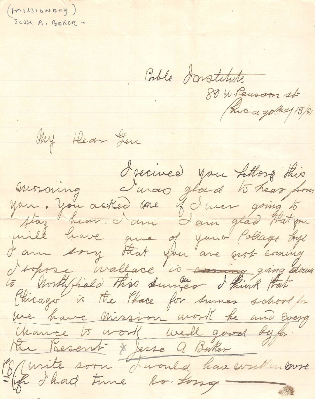JESSE A BAKER CHICAGO BIBLE INSTITUTE MISSIONARY ANTIQUE AUTOGRAPH SIGNED LETTER - K-townConsignments