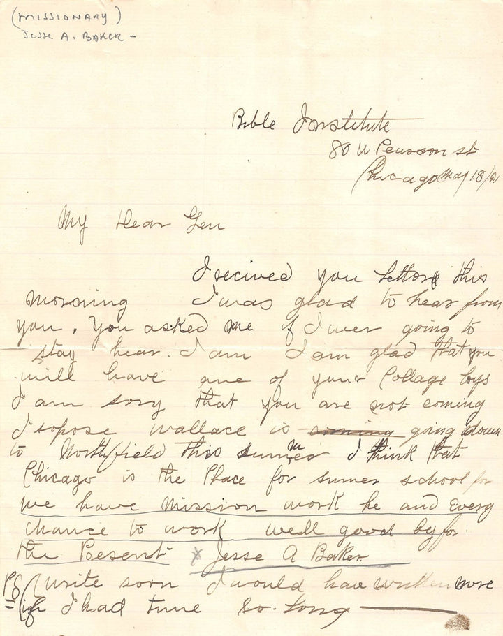 JESSE A BAKER CHICAGO BIBLE INSTITUTE MISSIONARY ANTIQUE AUTOGRAPH SIGNED LETTER - K-townConsignments