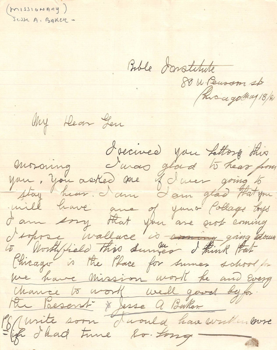 JESSE A BAKER CHICAGO BIBLE INSTITUTE MISSIONARY ANTIQUE AUTOGRAPH SIGNED LETTER - K-townConsignments