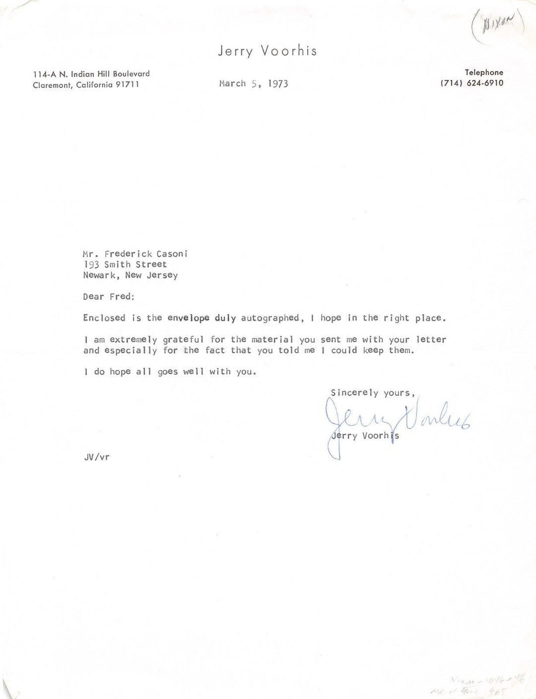 JERRY VOORHIS NEW DEAL POLITICIAN CALIFORNIA VINTAGE AUTOGRAPH SIGNED LETTER - K-townConsignments