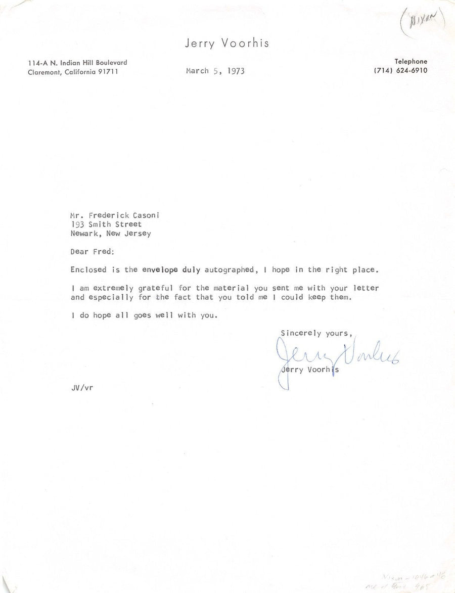 JERRY VOORHIS NEW DEAL POLITICIAN CALIFORNIA VINTAGE AUTOGRAPH SIGNED LETTER - K-townConsignments